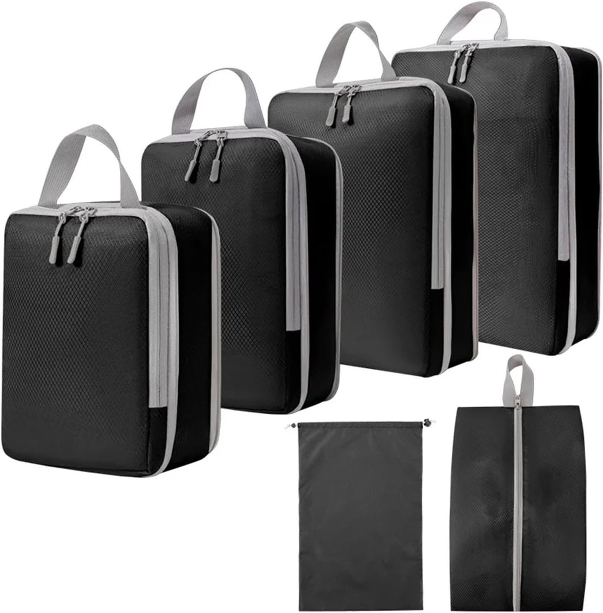 Reisorganizers Set - Pakblokken Koffer - Kleding Opbergen - Compressie Mogelijk - 6 Stuks - Zwart