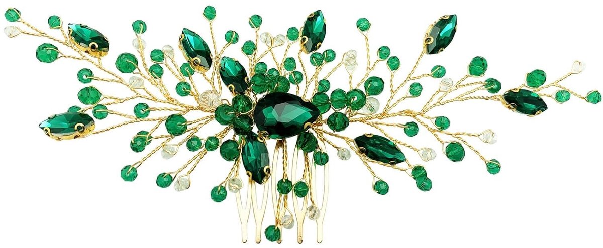 Dailygoods- Haarsieraad Bruid - Gouden Kristal Haarkam - Groene Strass - Hoofdtooi - Haaraccessoires - Handgemaakt van Hoge Kwaliteit