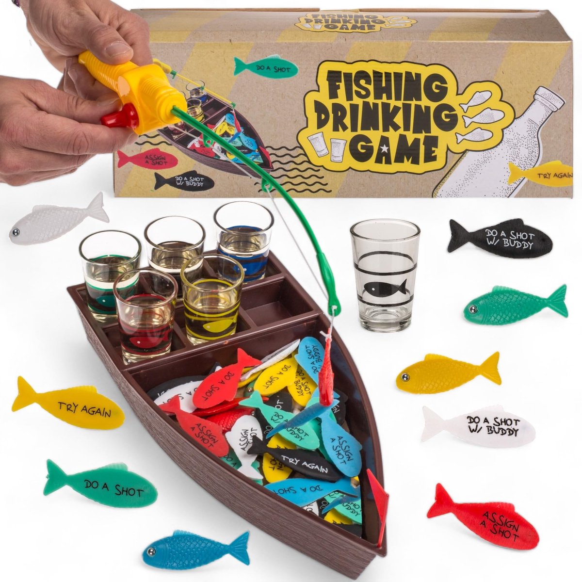 Dailygoods- Drinkspel met Boot - 6 Borrelglazen - 24 Kleurrijke Vissen - Hengel - Voor Maximaal 6 Personen - Ideaal voor Feestjes - Feestspel
