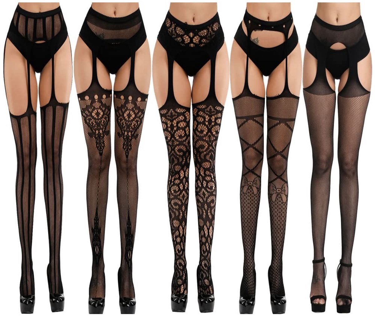 Dailygoods- Babydoll Sexy Lingerie - Zwarte Kousen - Hoge Panty - Open Onderkant - Stretchmateriaal - 5 Stuks