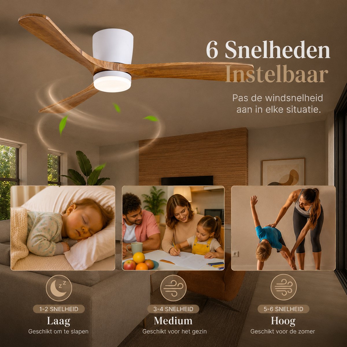 Smart Smart Plafondventilator Wit + Hout 132cm - App & Dimverlichting thumbnail 2
