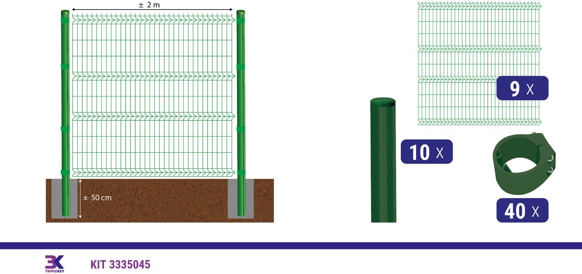 KIT 25 draadpaneel + palen en klemmen, lengte 18m, hoogte 203cm, kleur groen RAL 6005