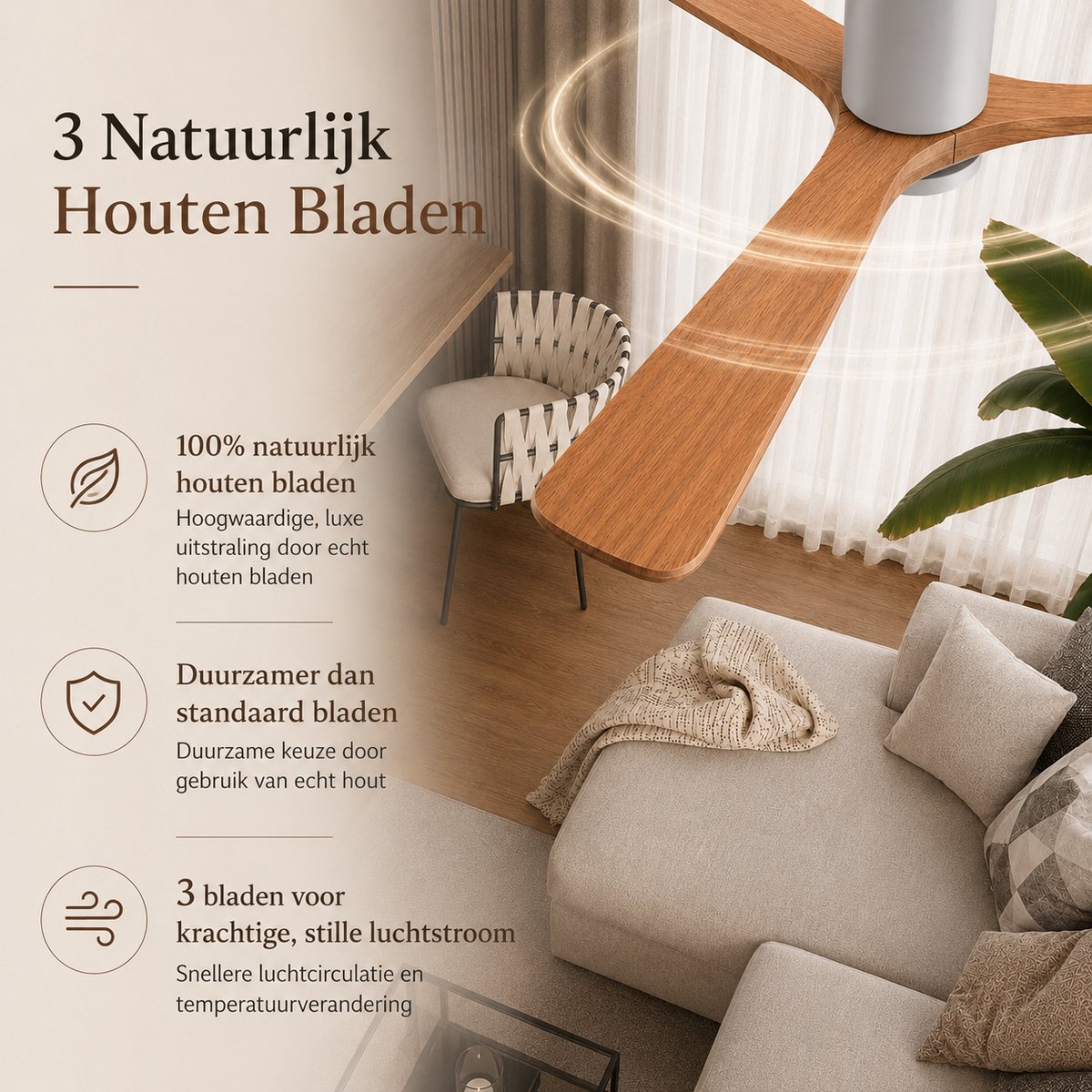 Smart Plafondventilator met Verlichting - Grijs + Hout - Ø 132 cm - Stille Motor <25dB - Handige App - Dimfunctie - Plafond Ventilator met Verlichting - Plafondlamp met Ventilator thumbnail 8