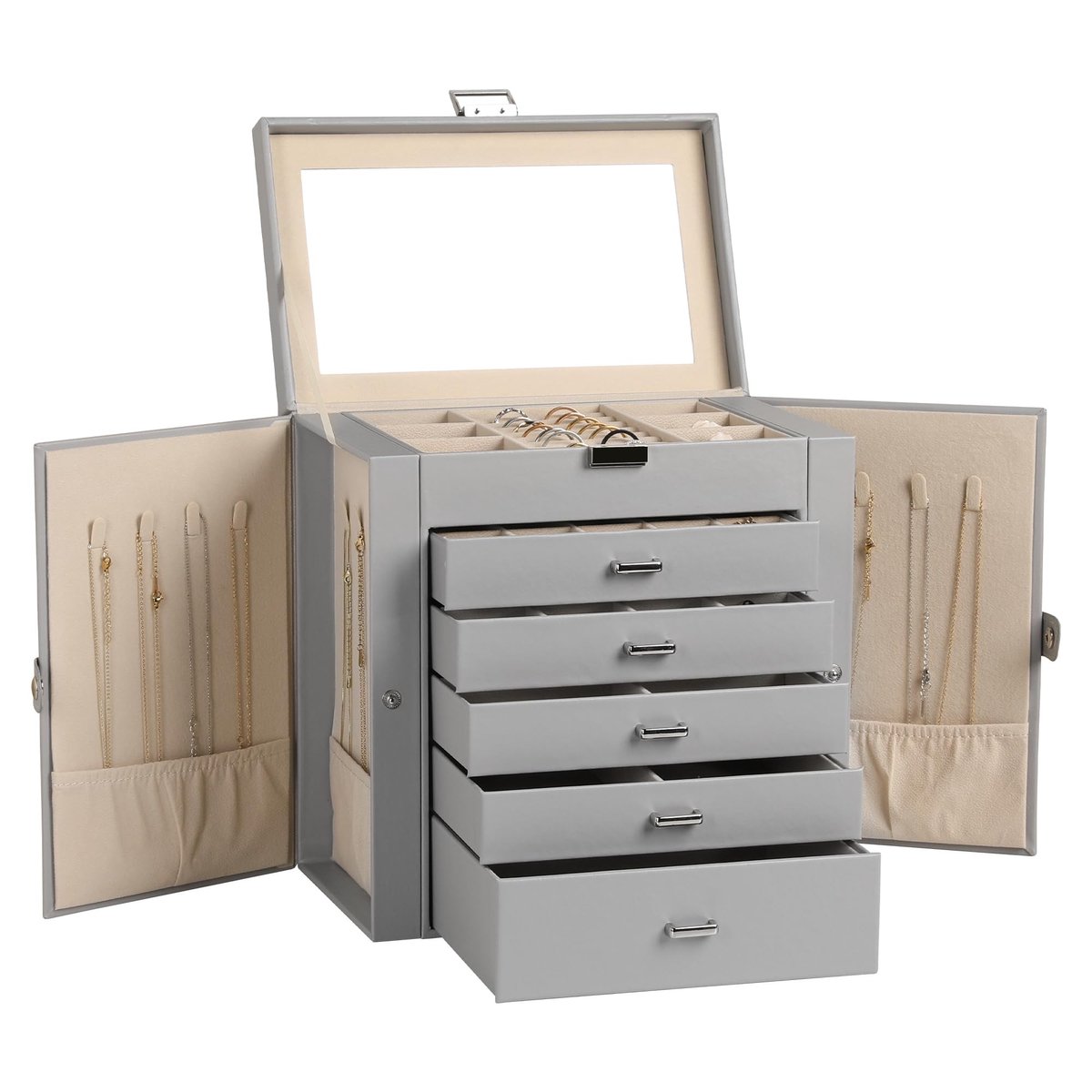 Dailygoods- Sieraden Doos Grote 6-laags PU Lederen Organizer - Multifunctionele Opbergdoos - Oorbellen/Ketting/Armband/Horloges - Met Slot/Mirror - 20 Roosters/16 Haken