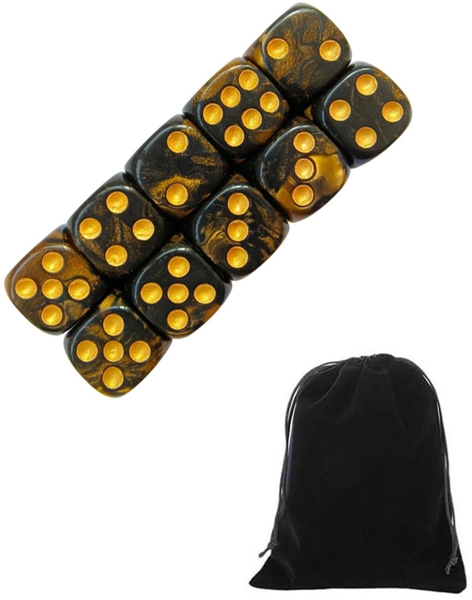 Dailygoods - Set van 10 D6 Dobbelstenen - Zwart-Goud met Fluwelen Zakje