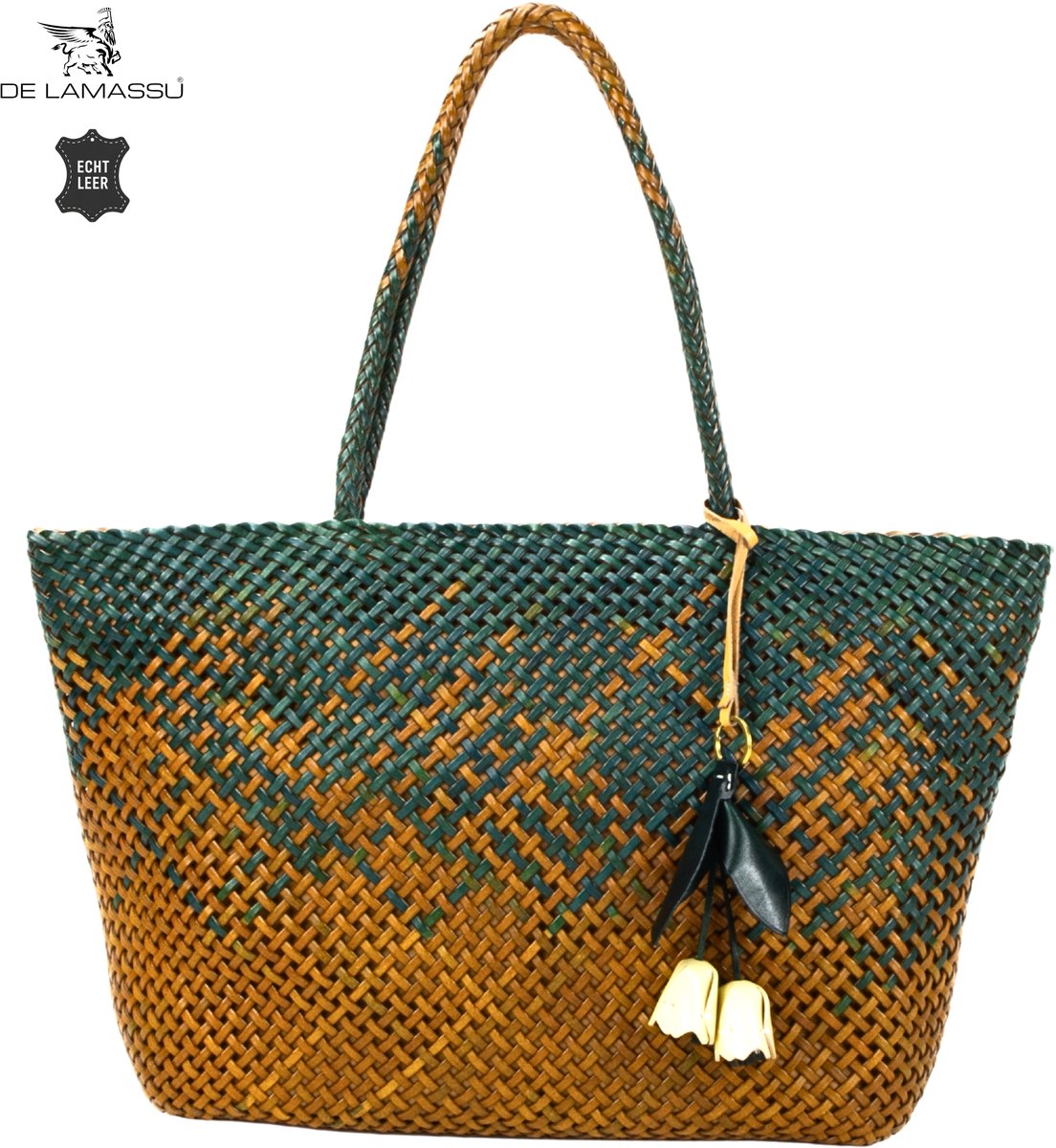 DE LAMASSU® Shopper Dames Echt Leer – Gevlochten Schoudertas – Grote Leren Handtas met Ritssluiting – Ruime Damestas voor Werk, Boodschappen en Dagelijks Gebruik – 48 x 30 x 13 cm