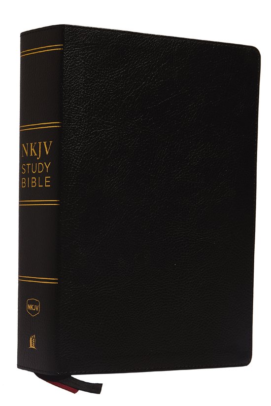 Bible d'étude NKJV noire avec inscription dorée. Le cuir est relié et comporte le logo NKJV sur le côté.
