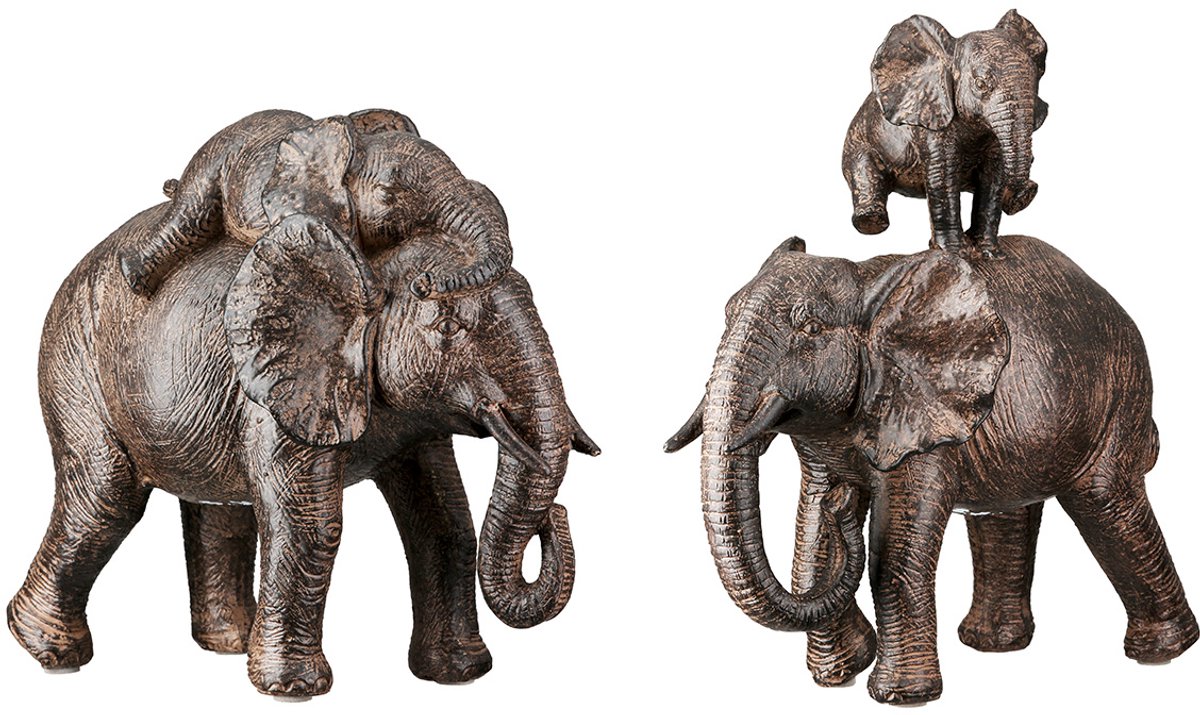 Gilde handwerk Olifant met kalfje - Resin beeld - Gedetailleerd sculptuur Dieren - 10 cm x 18 cm - Hoogte 20 cm set van twee olifanten 1 liggend en 1 spelend Bruin