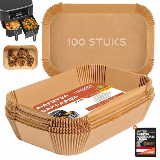 UNBOX Airfryer Bakpapier - Airfryer Accessoires - Bakpapier Airfryer - Airfryer Bakjes voor Ninja Dual Airfryer AF300/AF400 - Bakpapier voor Dubbele Airfryer - Airfryer Bakjes Rechthoekig - 100 stuks