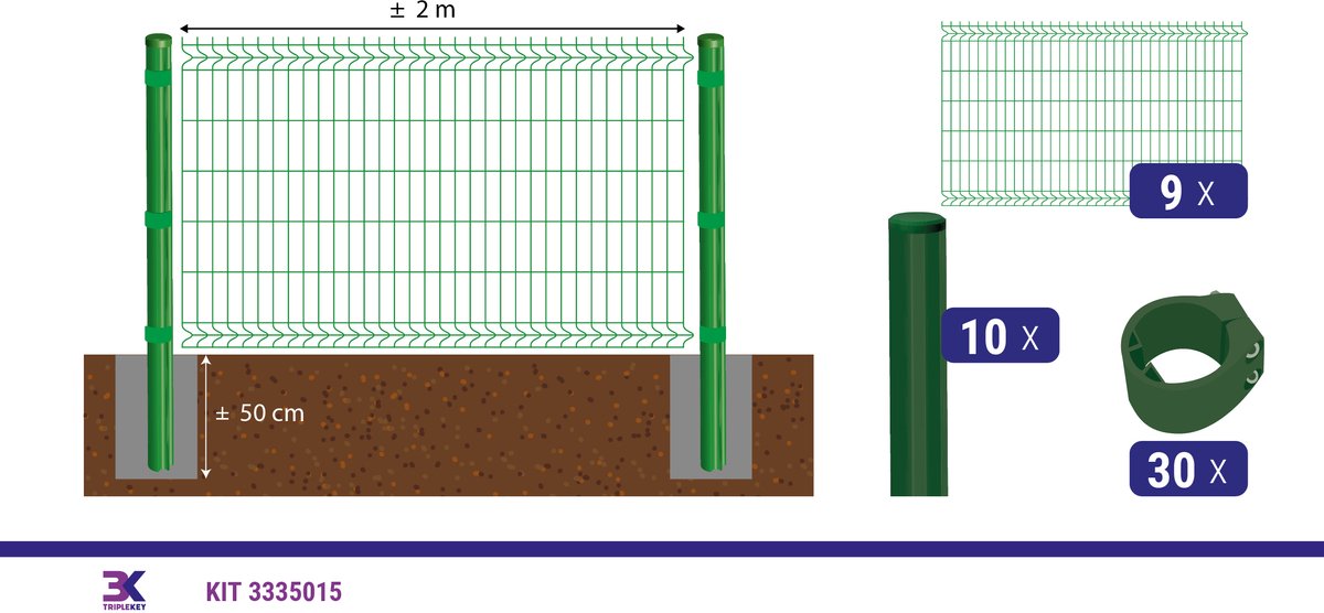KIT 10 draadpaneel + palen en klemmen, lengte 18m, hoogte 123cm, kleur groen RAL 6005