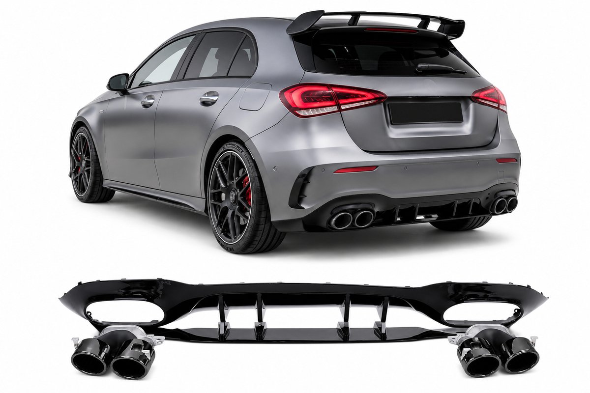 Diffuser geschikt voor Mercedes A klasse W177 hatchback 2019+ dubbele zwarte ronde uitlaatsierstukken.