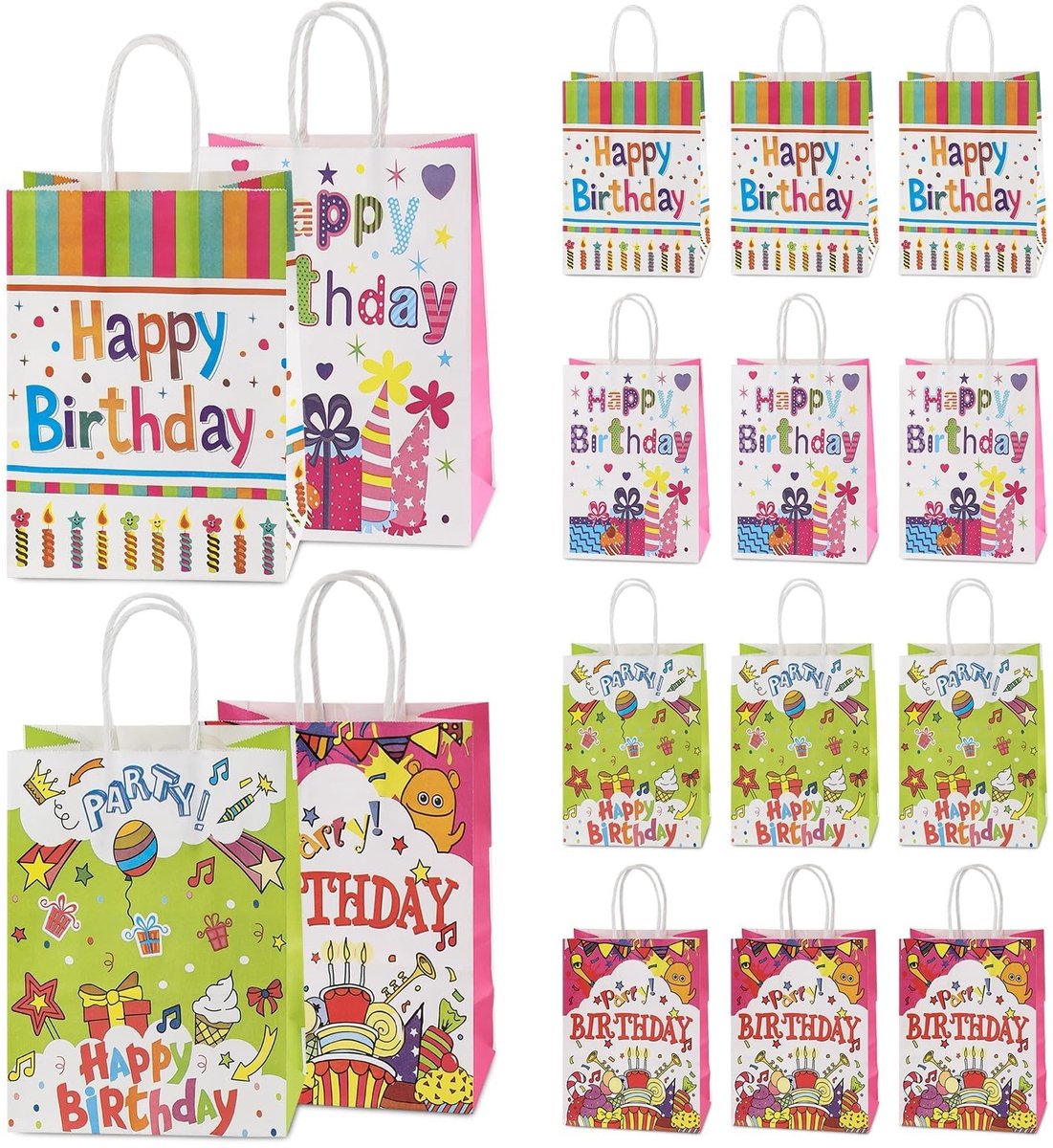 Dailygoods - 16 Stuks Happy Birthday Geschenkzakjes met Handvat - Kleurrijke Papieren Zakjes (15 x 8 x 21 cm)