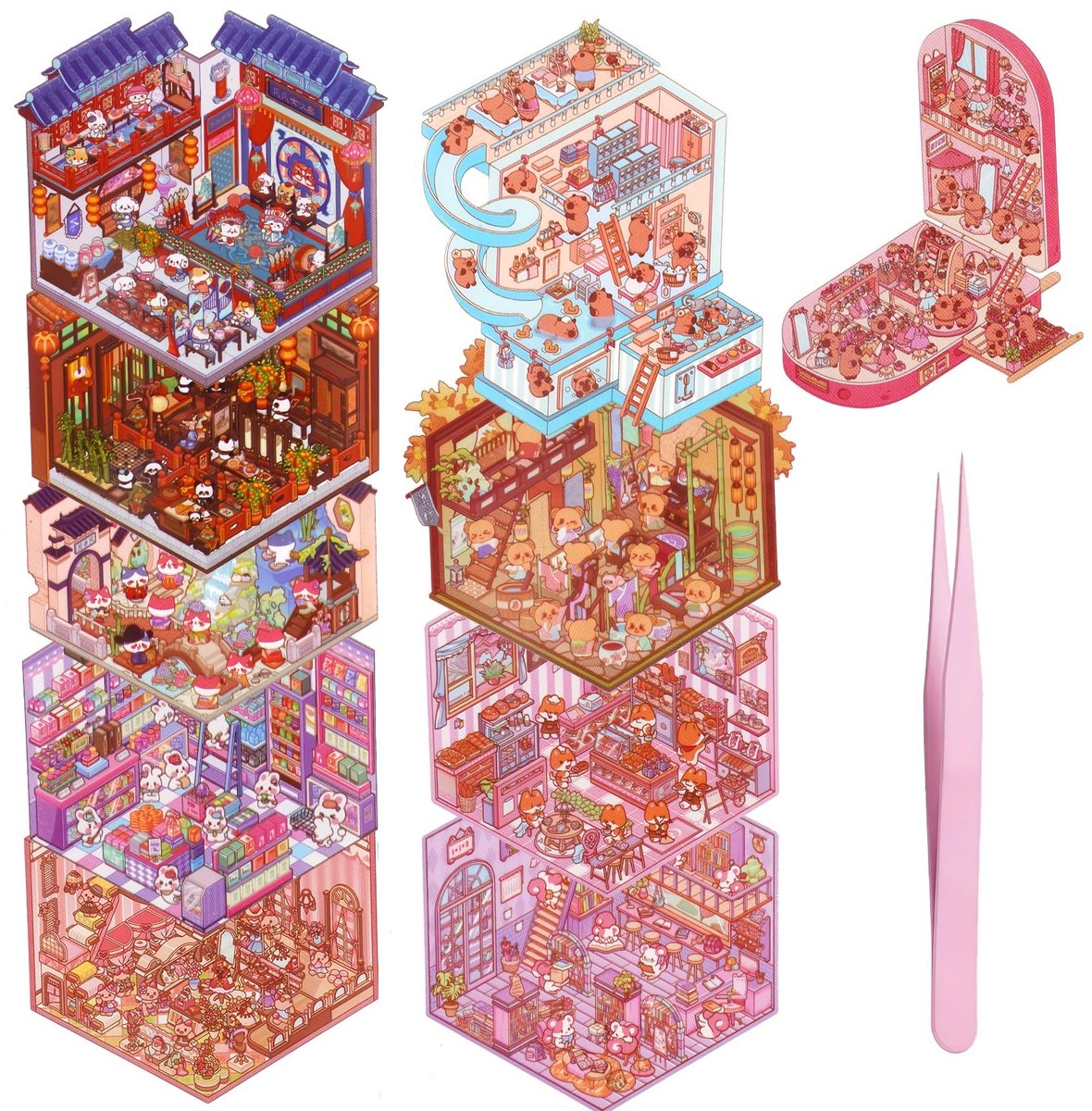 Dailygoods- Huisstickers 3D Effect - DIY Miniatuur Huisstickers - 15 x 10 cm - Veilig PET-Materiaal - Creatieve Knutselset - 5 Ontwerpen - Muursticker