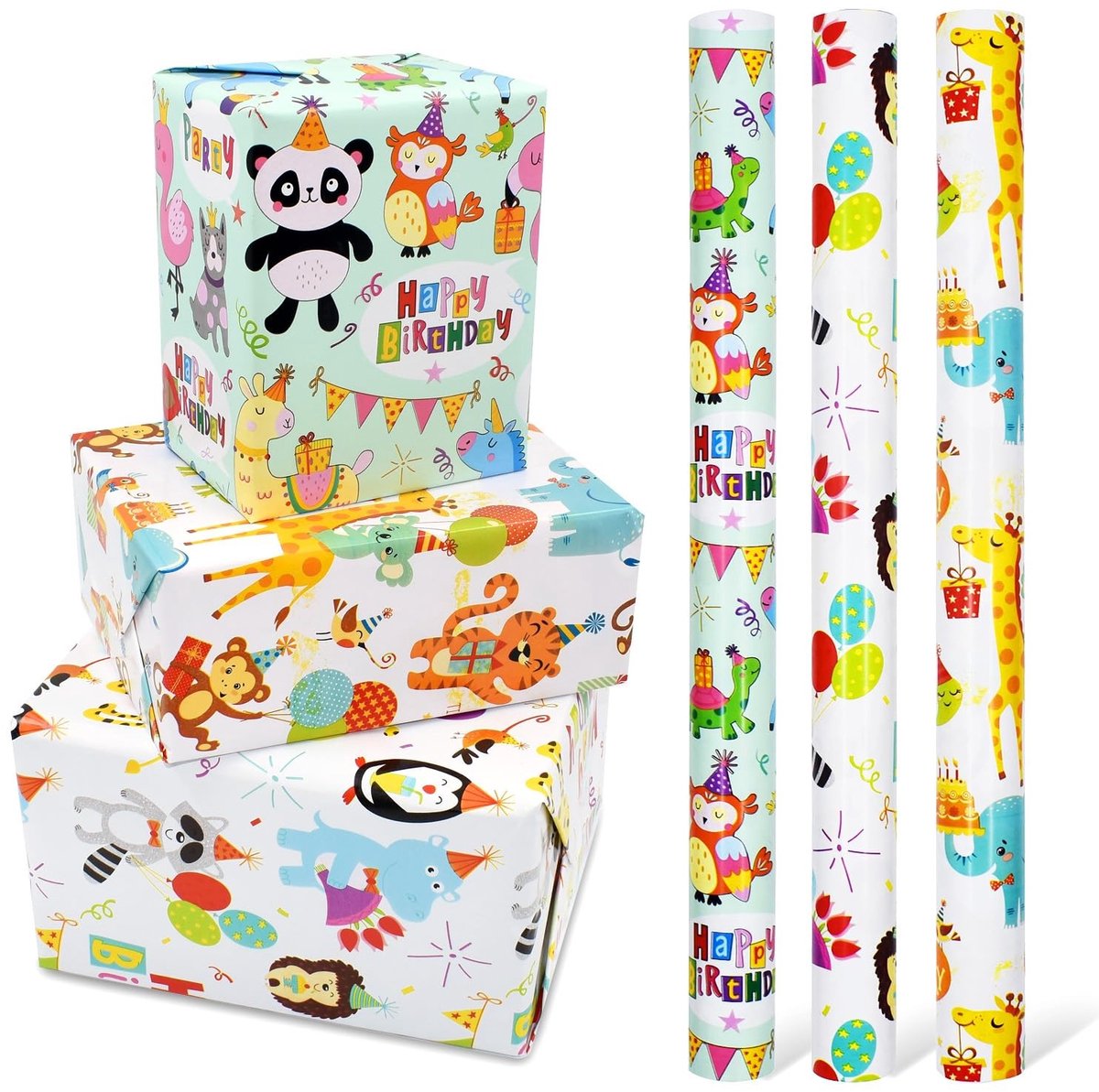 Dailygoods- Inpakpapier Dierenmotieven - 3 Rollen - Herbruikbaar Cadeaupapier - Verjaardagscadeau Inpakken - Duurzaam Papier - 9 Meter Lengte