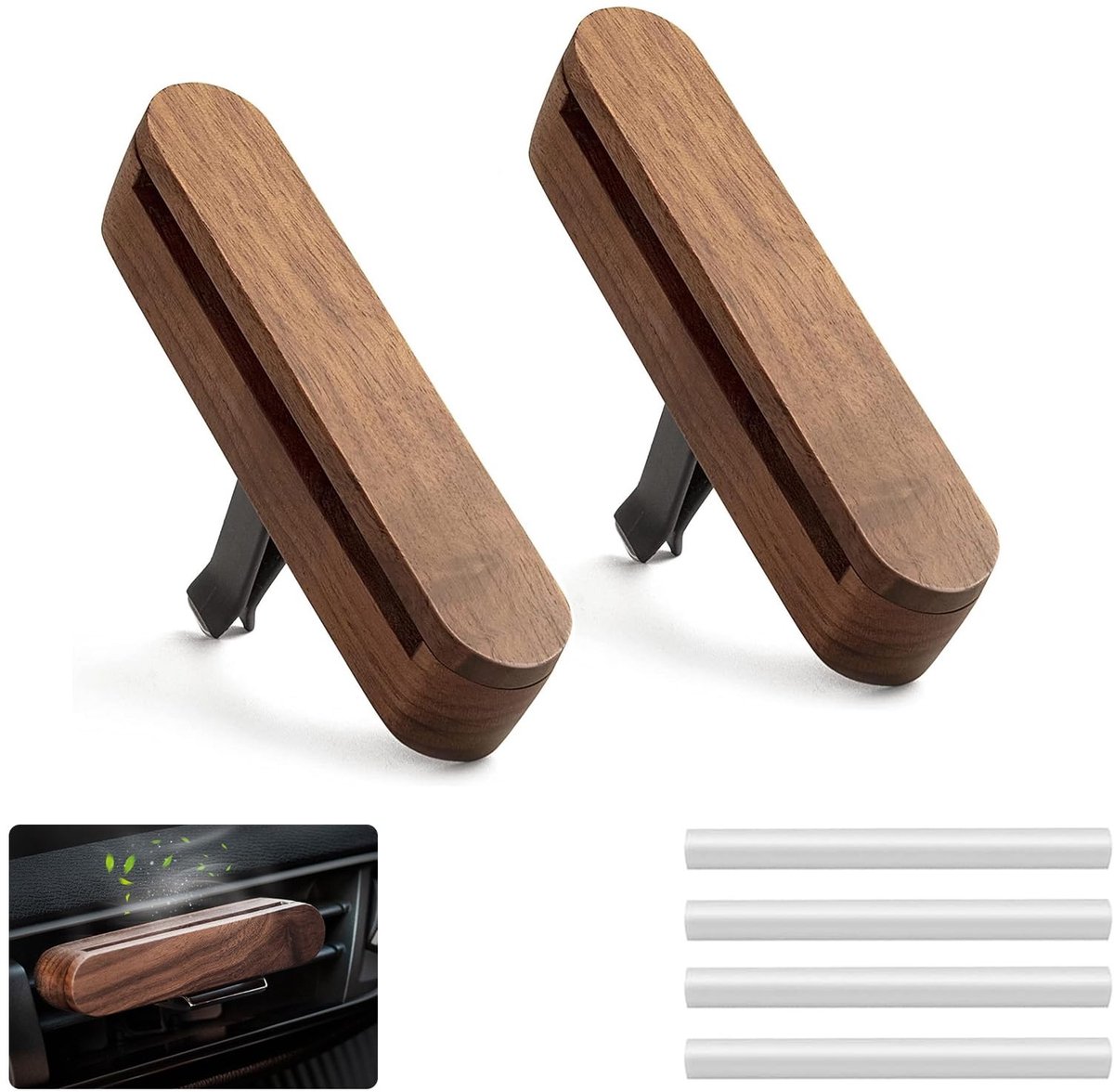 Dailygoods- Luchtverfrisser Auto - 2 Stuks Aromatherapie - Ventilatieclip - Houten Diffuser - Inclusief 4 Navullagen - Natuurlijke Houtstructuur - Autodiffuser
