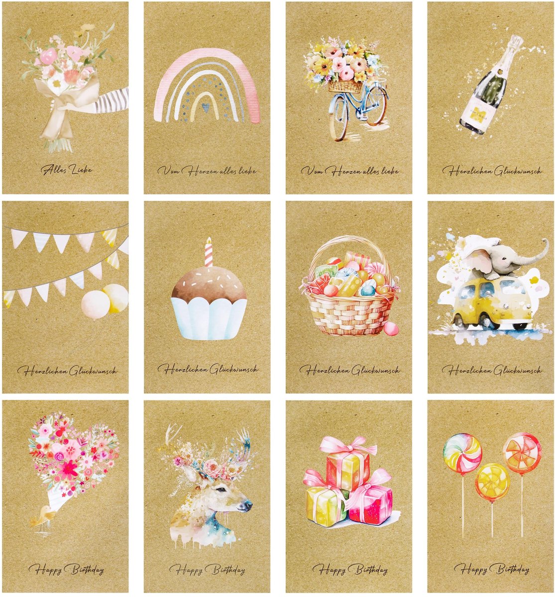 Dailygoods- Wenskaarten Set 12 Stuks - Wenskaarten met Enveloppen - Vouwkaarten voor Verjaardag/Kerstmis - Kraftpapier - Stickers - Creatieve Ontwerpen - Kaartset
