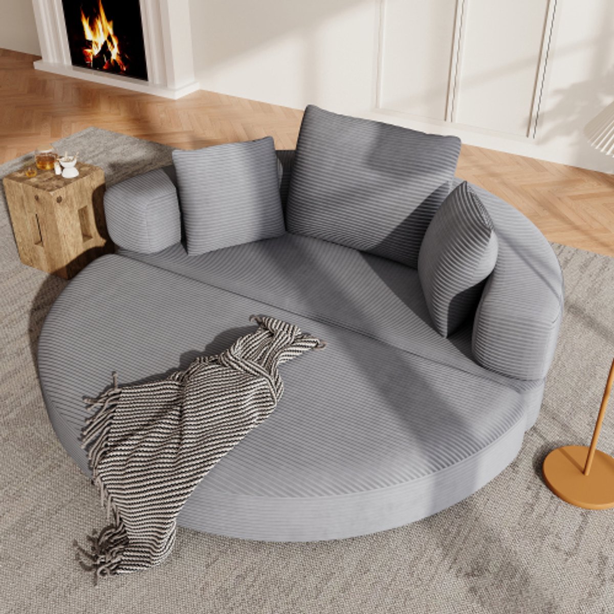 Zubaliya Tweepersoons slaapbank - Opklapbare slaapbank met kussens - 2-in-1 ovale slaapbank, 173x176 cm, corduroy stof, grijs, moderne modulaire bank, geen montage nodig