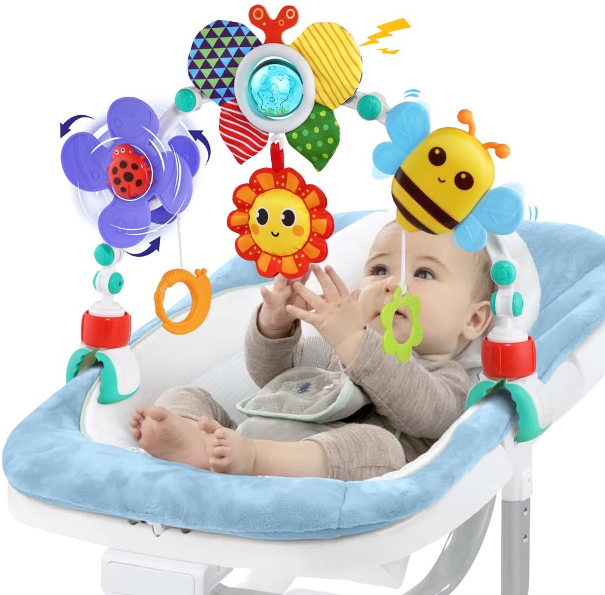 Babyspeelgoedboog – geschikt voor kinderwagen, autostoel & ledikant – met sensorisch speelgoed & hangend speelgoed – verstelbaar – voor 3, 6, 9, 12 maanden