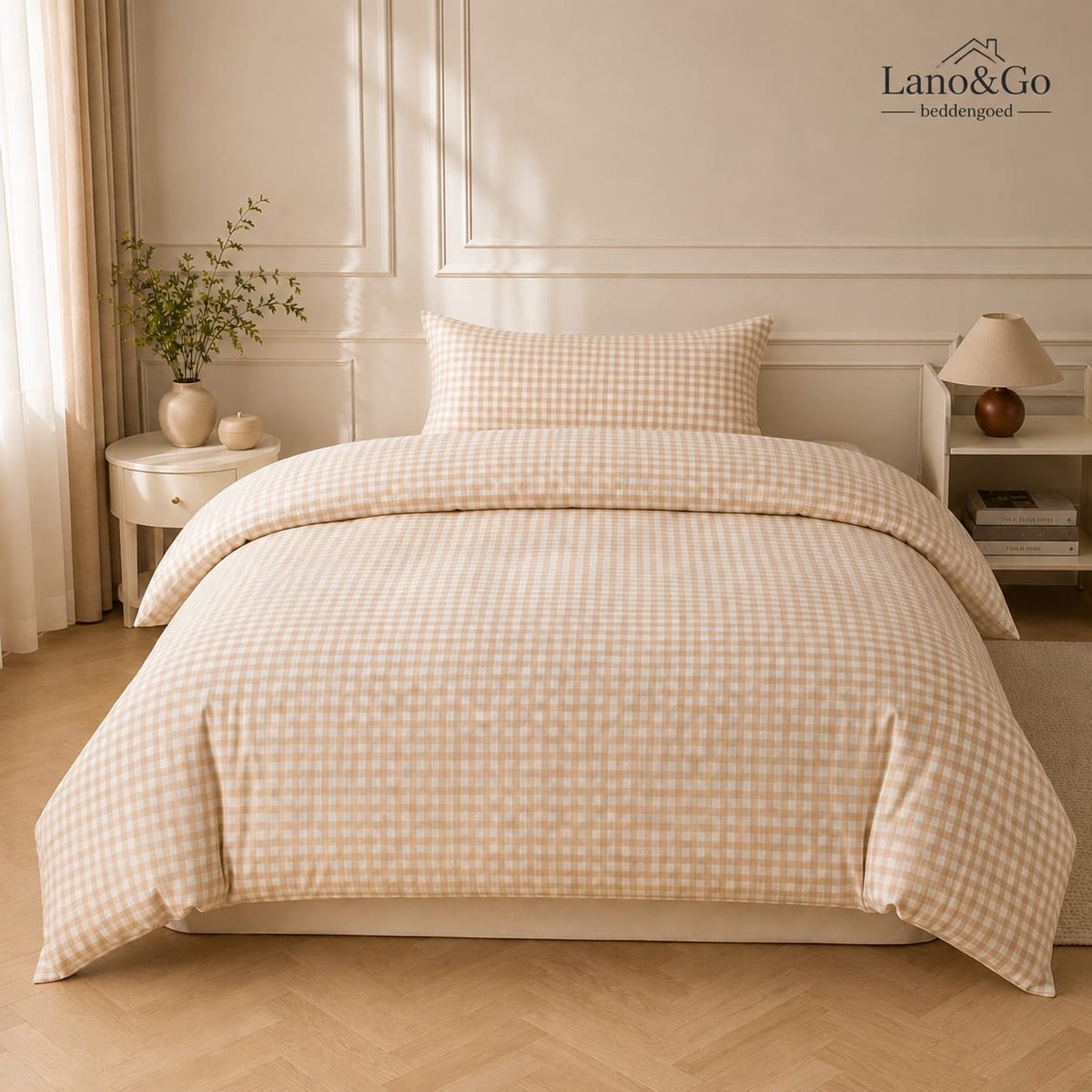 Beddengoed Set 135 x 200 cm, Geruit Omkeerbaar Dekbedovertrek met Ritssluiting en 1 Kussensloop 80 x 80 cm, Beige Microvezel, Oeko-Tex