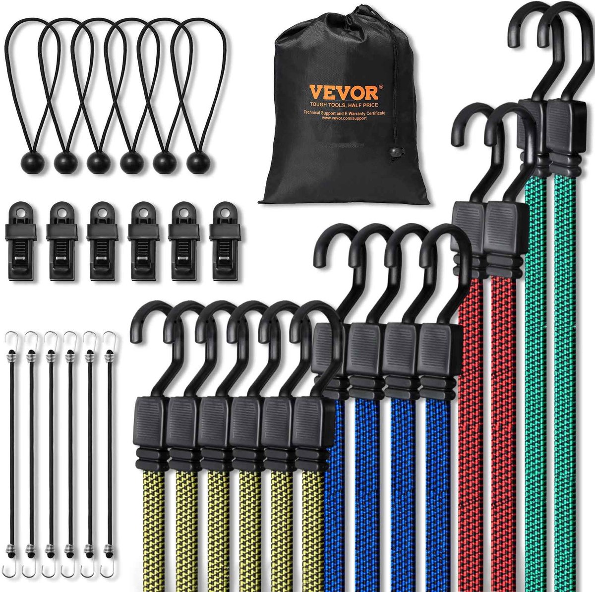 CORE Spanbandenset - Bungee koorden - Elastische bagage bungee koord - Met A3 stalen J-haken - Anti-slip - Plat elastisch touw voor cargo - Draagtas 25x32cm - Haak diameter 27.4mm - Multi gekleurd