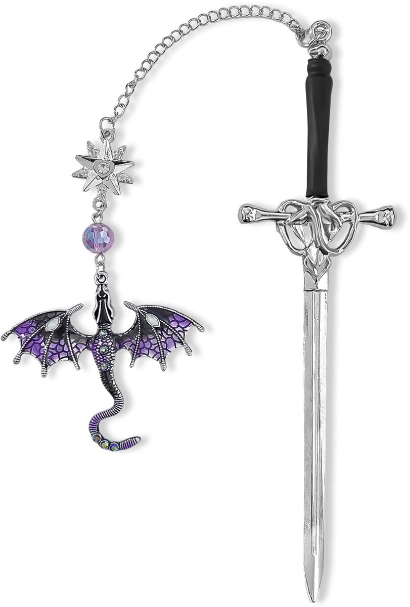 Dailygoods - Dragon Boekenlegger, Vintage metalen zwaard boekenlegger met kwastje, Gothic stijl boekmarker voor lezers, Cadeau voor boekenliefhebbers, studenten, leraren (Paars)