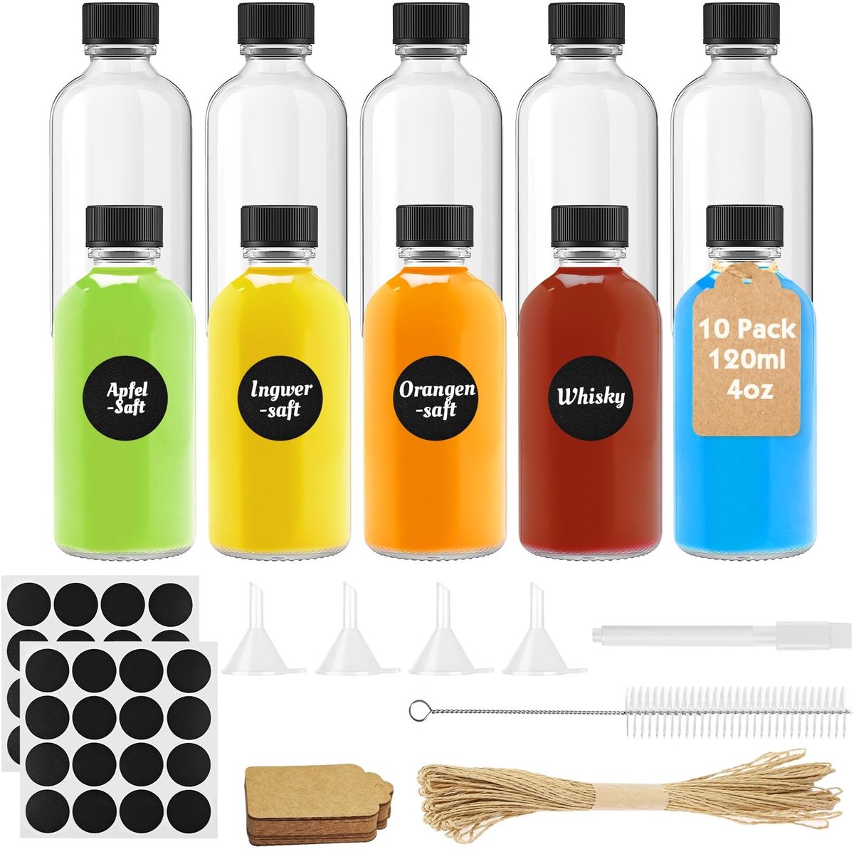 Dailygoods - 10 Stuks Glazen Shotflessen 120ML - Herbruikbare Flesjes met Deksel en Etiketten