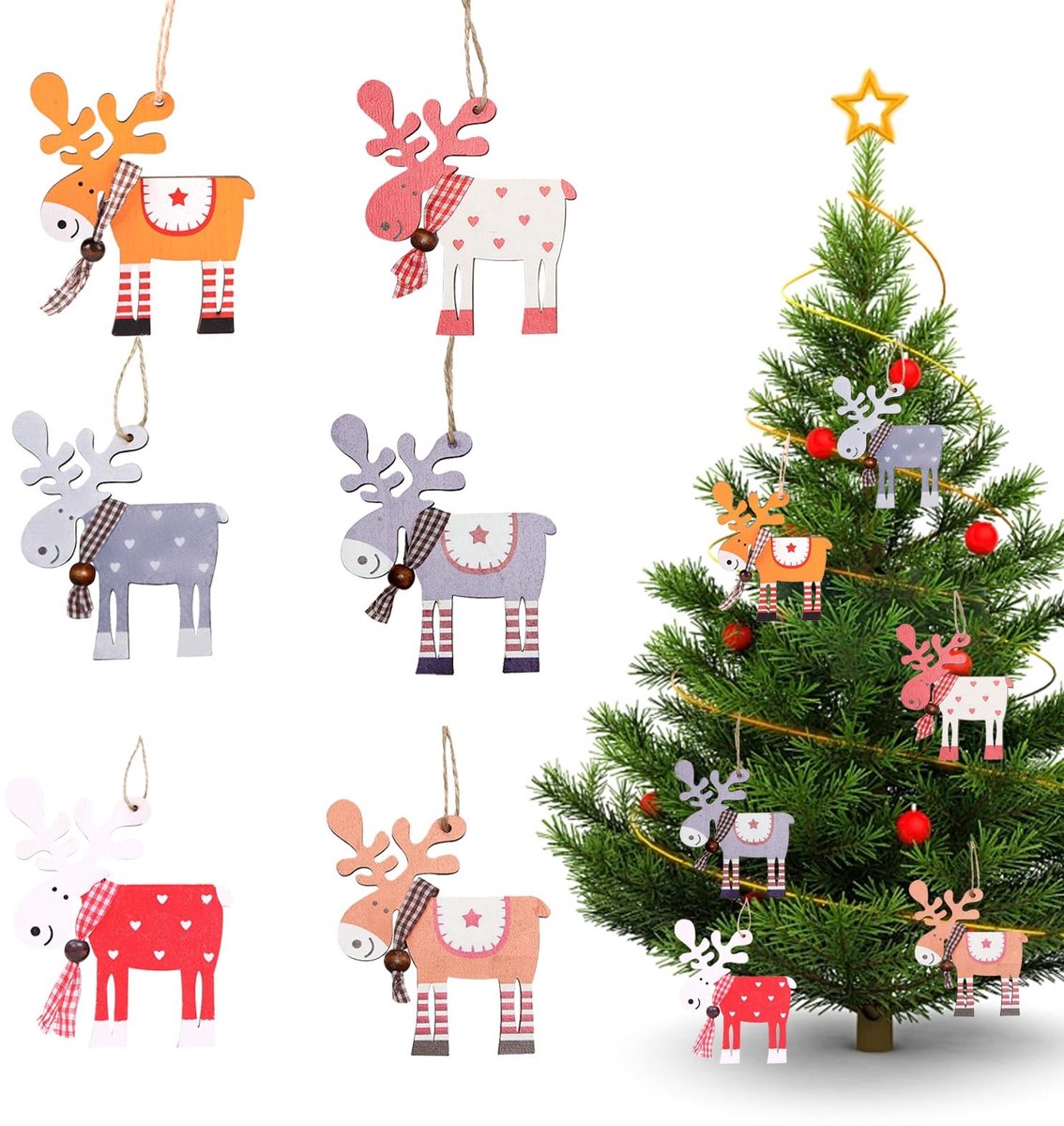 Dailygoods- Kerstboomversieringen 12 Stuks - Houten Elanden Ornamenten - Hangende Decoraties - Duurzaam Hout - Kerstdecoratie Benodigdheden - 9,5 cm Hoog
