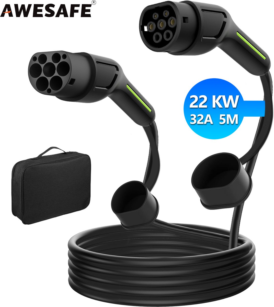 Awesafe Laadkabel - Type 2 naar Type 2 | 3-fase | 32A (22kW) | Zwart | 5 meter | Incl. neutrale waterdichte opbergtas - IP54 Waterdicht