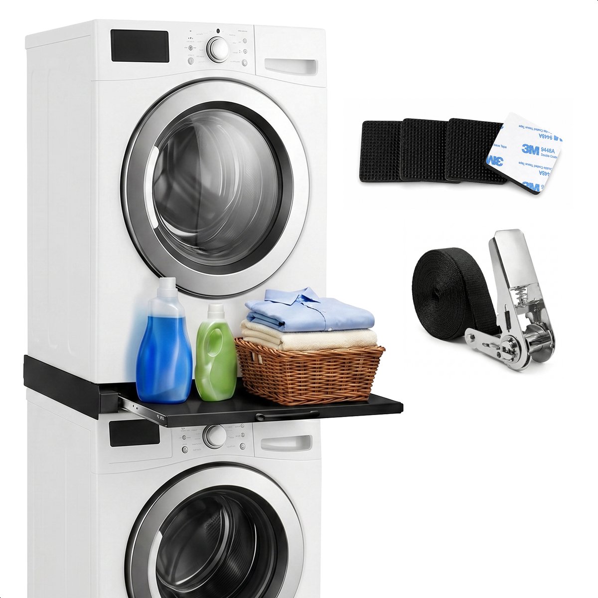 Tussenstuk voor Wasmachine & Droger - Extra stevig - Stapelkit - Met uitschuifbare plank - Universeel - Droogkast - Meubel - incl. trildempers en spanband - Skoov