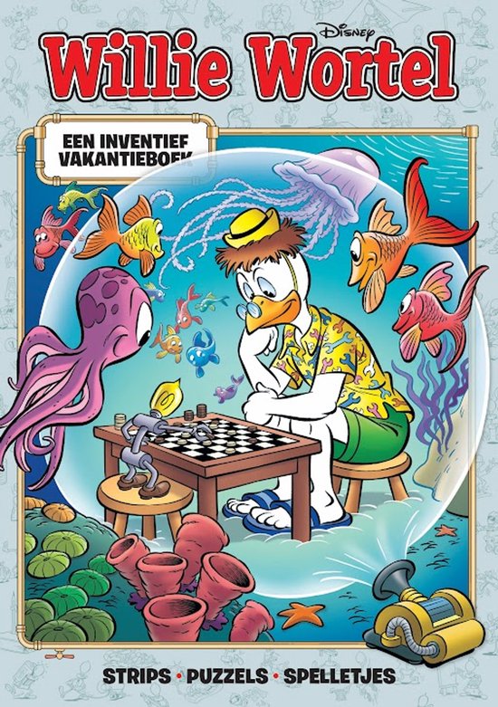 Donald Duck speelt schaak met een octopus, vissen en kwallen in een waterwereld. Titel: Willie Wortel Een Inventief Vakantieboek.