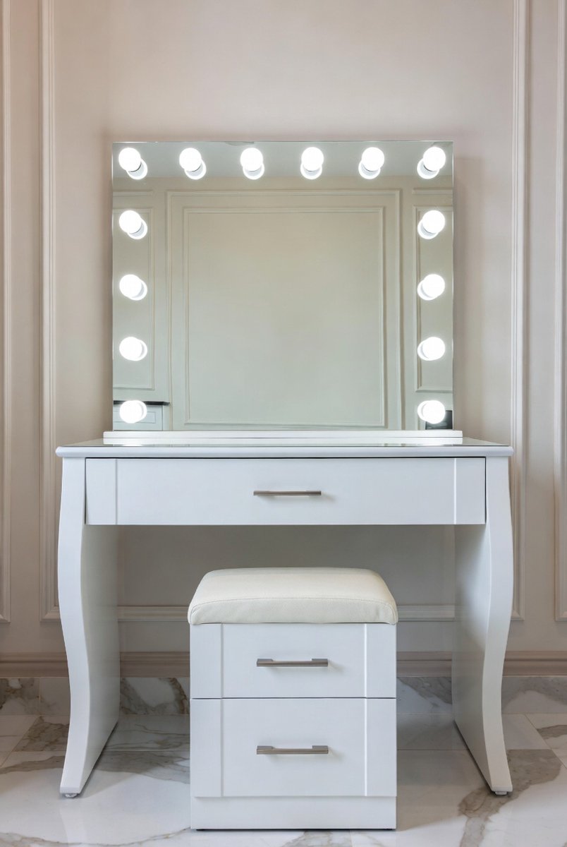 Moderne LED Make-up Kaptafel met Spiegel en 11 Lampen + Kruk – Luxe Make-up Tafel 90x40 cm met 2 Laden, Instelbare Lichtsterkte (Wit) Medahomestore