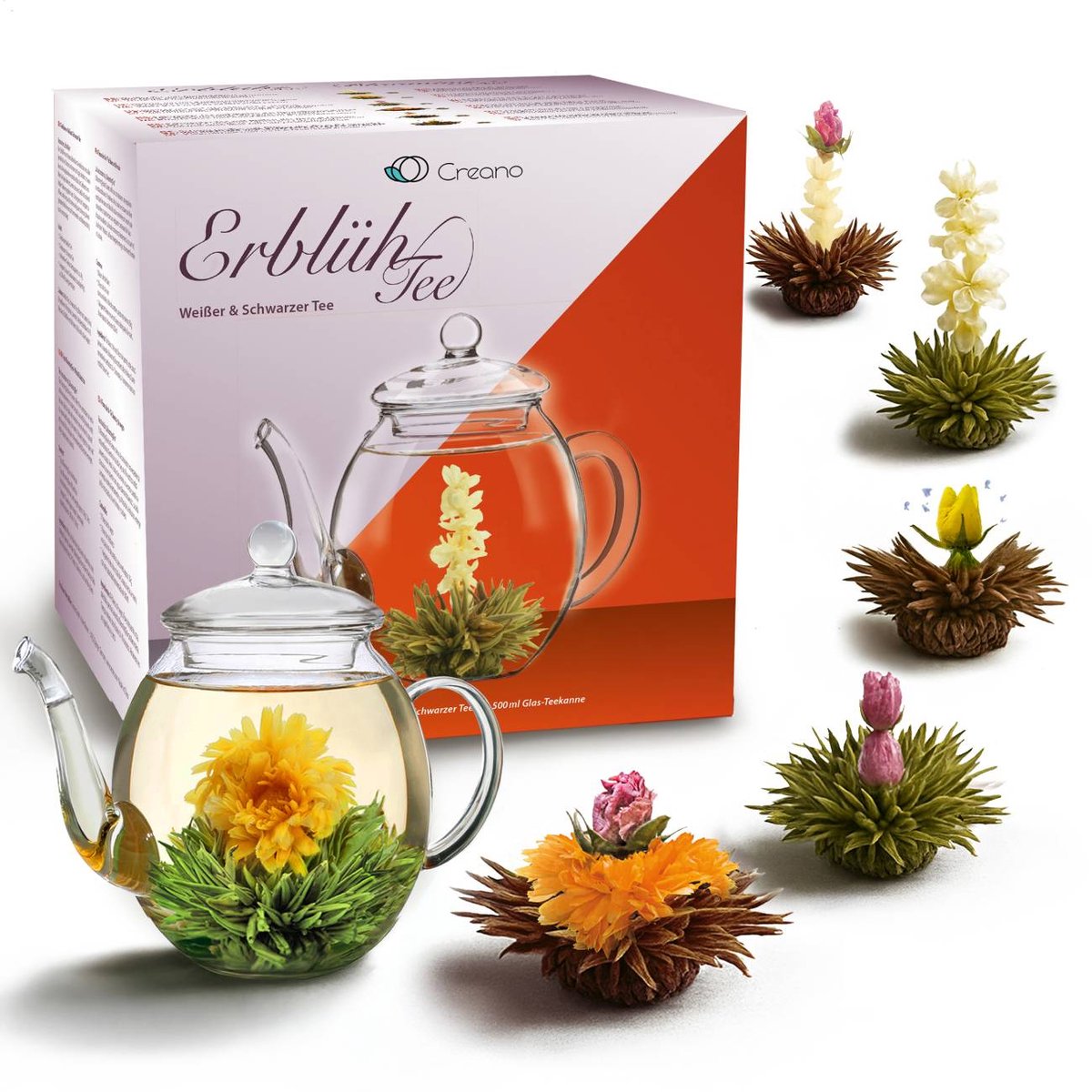 Creano Theebloemen Mix - Cadeauset Bloementhee met Glazen Theepot 500ml Witte Thee & Zwarte Thee met 6 Theeballen elk 3x Witte & Zwarte Thee, Cadeau voor Vrouwen, Moeder, Theeliefhebbers