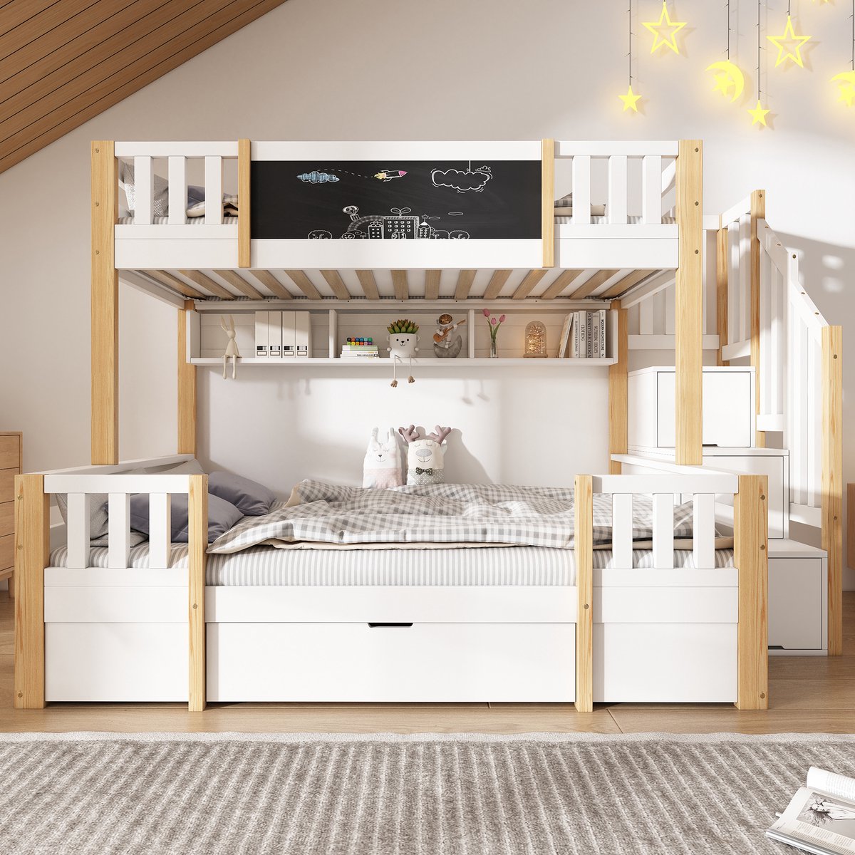 VVBV Stapelbed 90x200 / Stapelbed met opbergruimte / Stapelbed met trap – met Lades, Ladder – Tienerbed – Massief Hout – Wit – Tienerbed 90x200 White