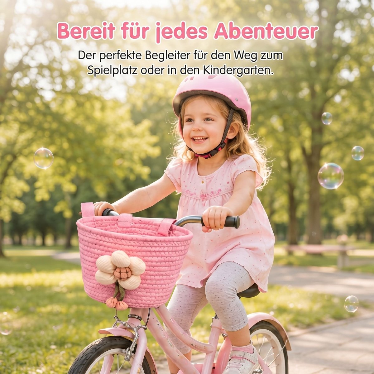 Dailygoods- Fietsmand Kinderen - Gevlochten - Roze Kleur - Bloemen - Duurzaam Materiaal - Afneembaar - Kinderfietsmand