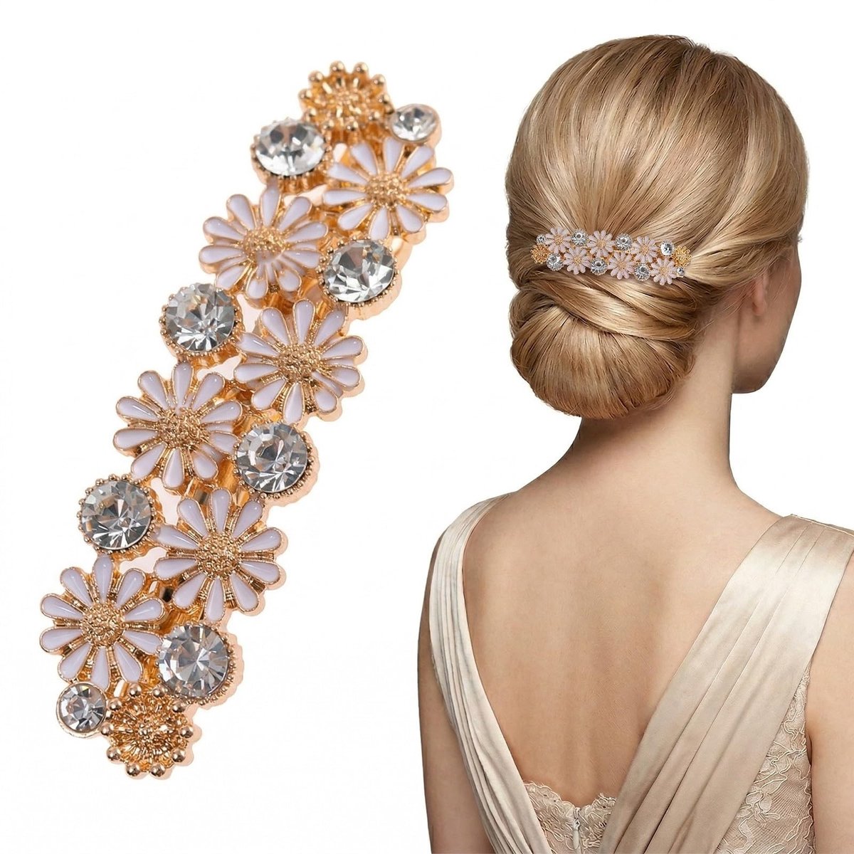 Dailygoods - Elegante Witte Madeliefjes-Haarspeld voor Dames met Strass