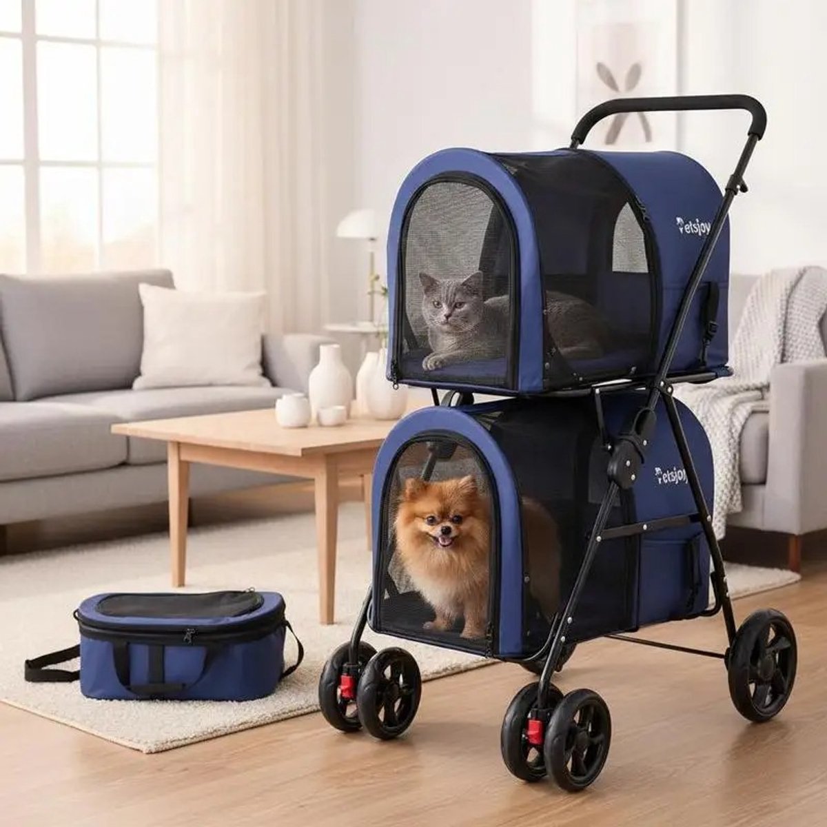 Dailygoods 4-in-1 dubbele hondenbuggy met afneembare draagtas voor katten, marineblauw