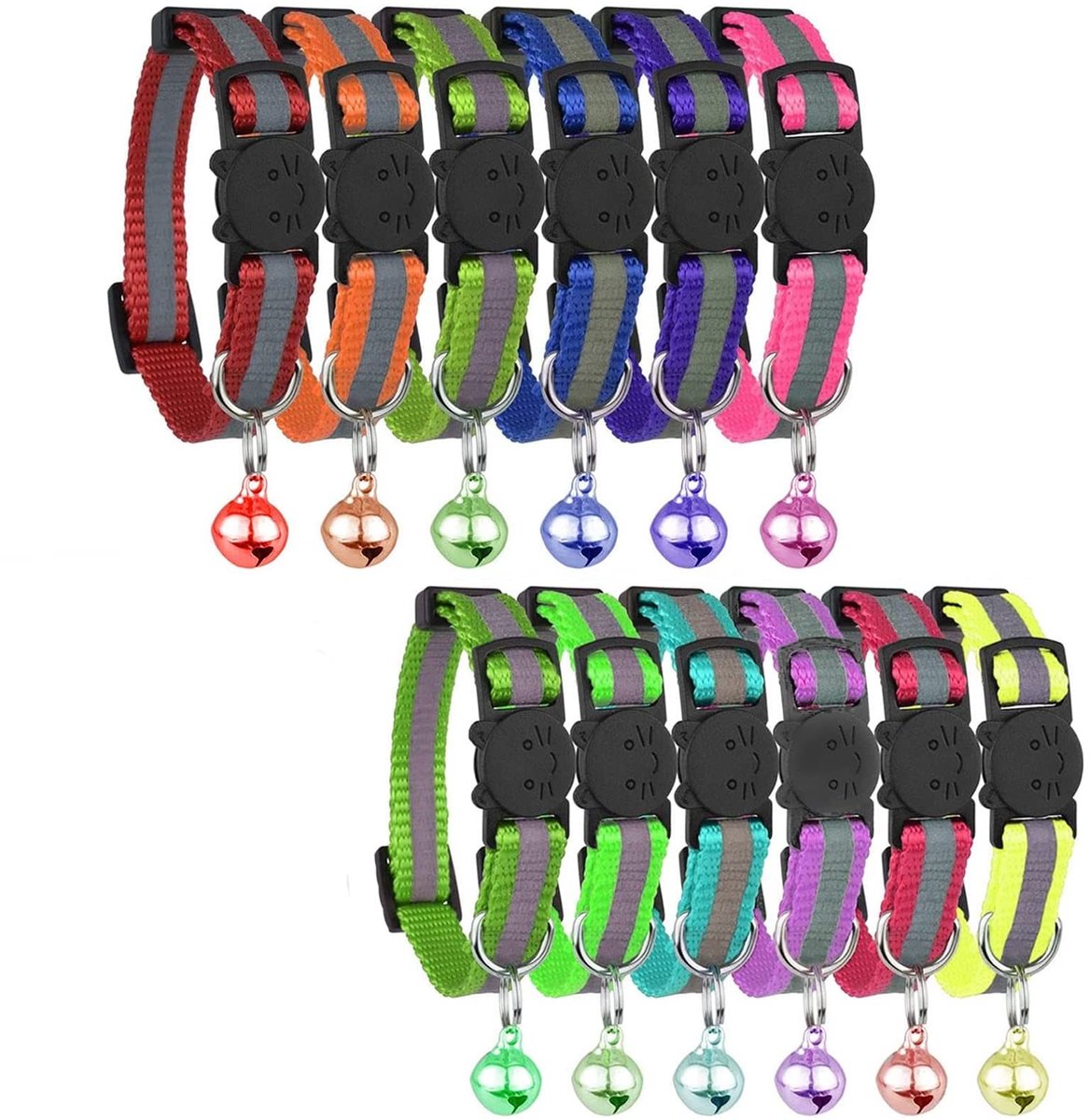 Dailygoods- Kattenhalsband Verstelbaar 19-32 cm - Reflecterende Halsband - Veiligheidsontgrendeling - Met Belletjes - Verpakking van 12 Stuks - Hoogwaardig Nylon - Kattenband