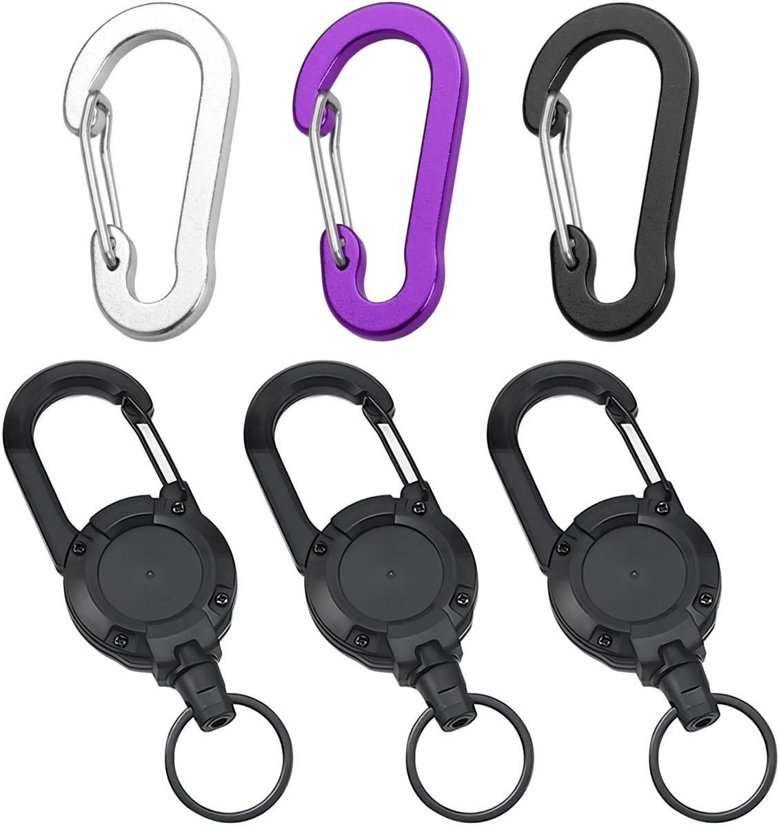 Solidchoice - 3 intrekbare sleutelhangers en 3 karabijnhaken, uittrekbare sleutelhanger met 60 cm stalen kabel, uittrekbare kaarthouder, voor sleutels, toegangskaarten