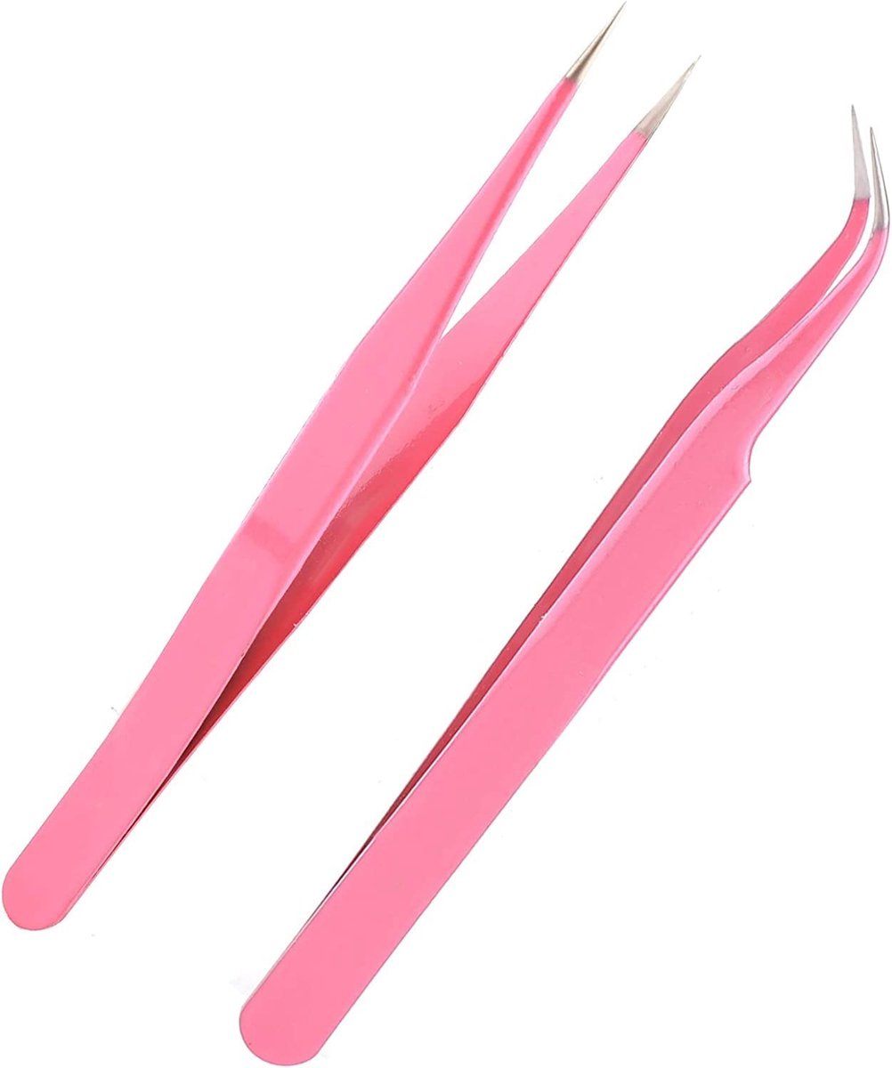 Solidchoice - Wimperpincet - Set van 2 roestvrijstalen wimperverlengingsgereedschappen | Rechte en gebogen punt valse wimper applicatie (roze)