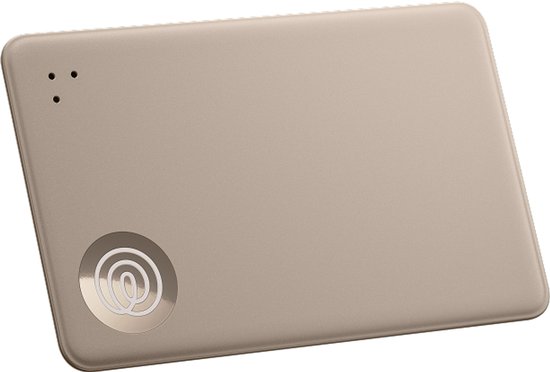 Een lichtbruine Tile Slim tracker op een witte achtergrond.