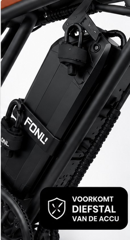 Gedetailleerde weergave van een "FONL" fietsaccu-slot met twee sloten op een zwarte fiets.