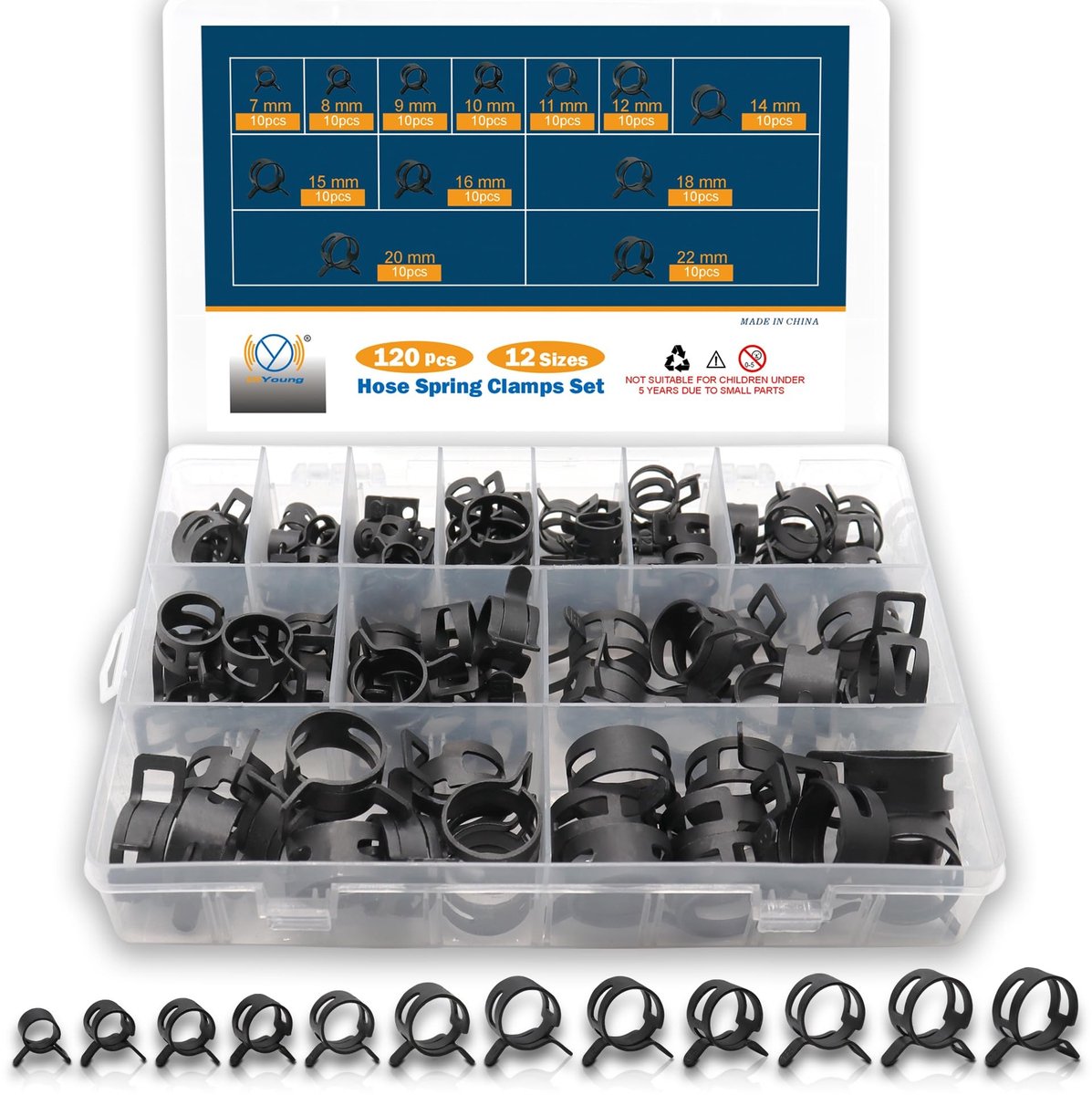 Dailygoods- Slangklem 120 Stuks - Slangklemmen Assortiment - Veerslang Klemmen - Brandstofleidingklem - Hoogwaardig Staal - 7-22 mm - Veerclip