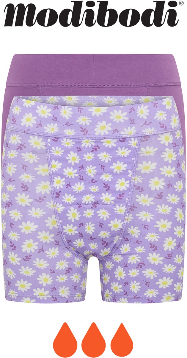 Modibodi Menstruatie Ondergoed Super Absorberend Lekvrij voor Tieners Slaapshort 2-Pack Dreamy Daisy Purple 176
