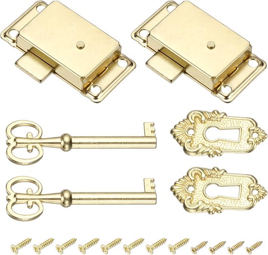 Twee gouden sloten, twee gouden sleutels, twee gouden sleutelgatplaten en schroeven.