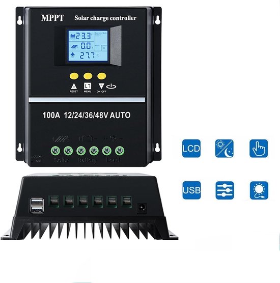 Zonne-oplader - Kunststof behuizing + aluminium koelplaat – 100A MPPT zonne-laadregelaar - Automatische herkenning van 12V/24V/36V/48V - Geschikt voor zonnepanelen - Eén set - Zwar