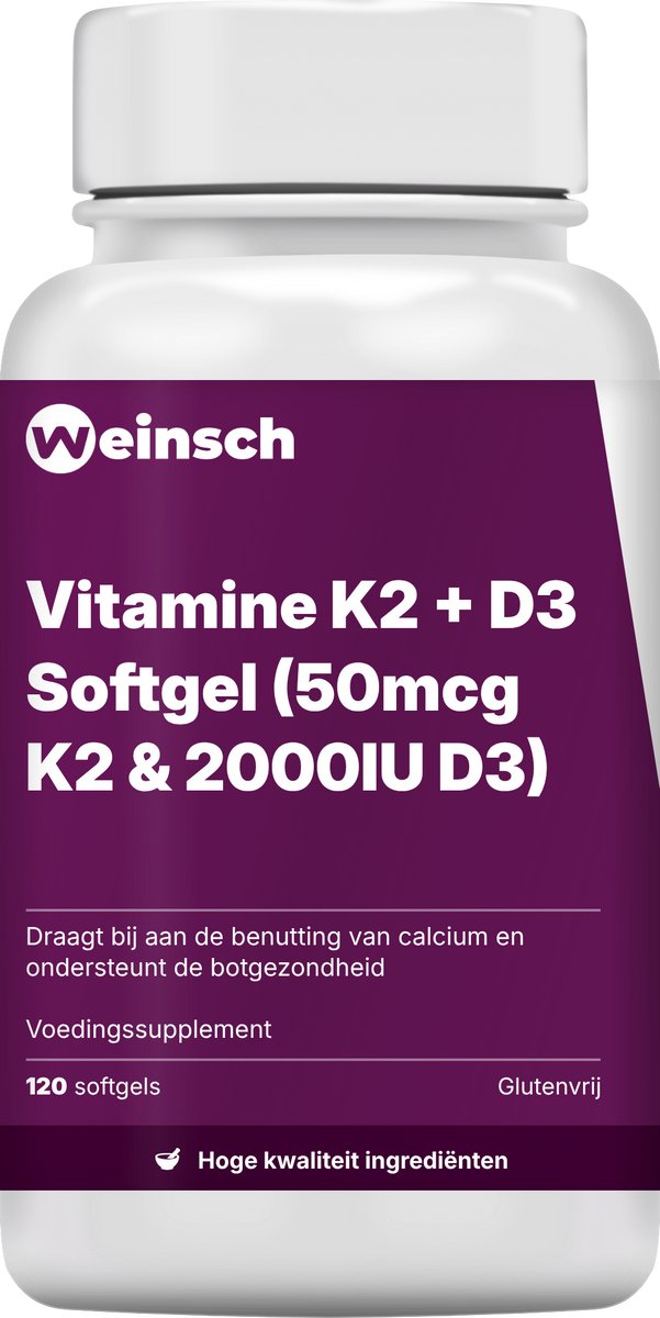 Weinsch Vitamine K2 + D3 Softgel (50mcg K2 & 2000IU D3) | 250mg | 120 softgels