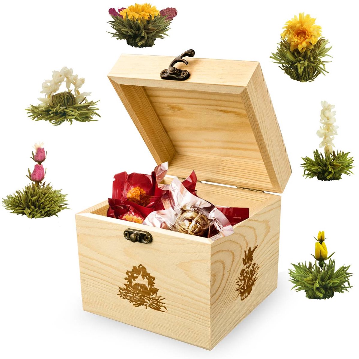 Creano ErblühTee houten decoratiebox, theebloemen mix cadeauset met 6 theerozen, witte thee in edele kist