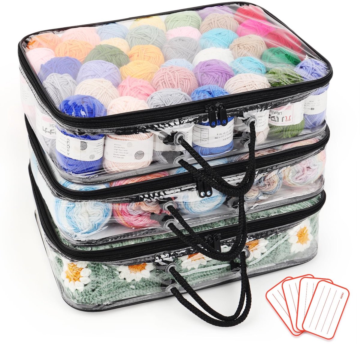Dailygoods- Garenopbergorganizer set van 3 - Transparante Opbergtas - Stofdicht - Handvat - Labels - 40 x 30 x 10 cm - Opbergzak