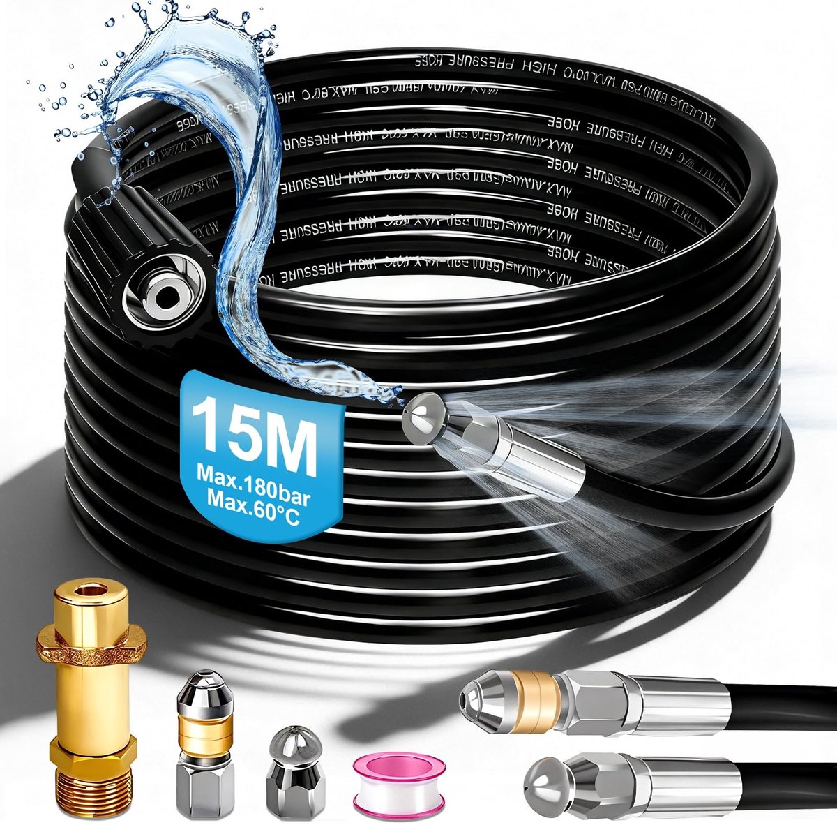 Dailygoods- Buisreinigingsslang 15 m - 180 bar - Rotatiemondstuk - M22-adapter - Compatibel met Kärcher K2/K7 - Universele Hogedrukreinigers - Hogedrukslang