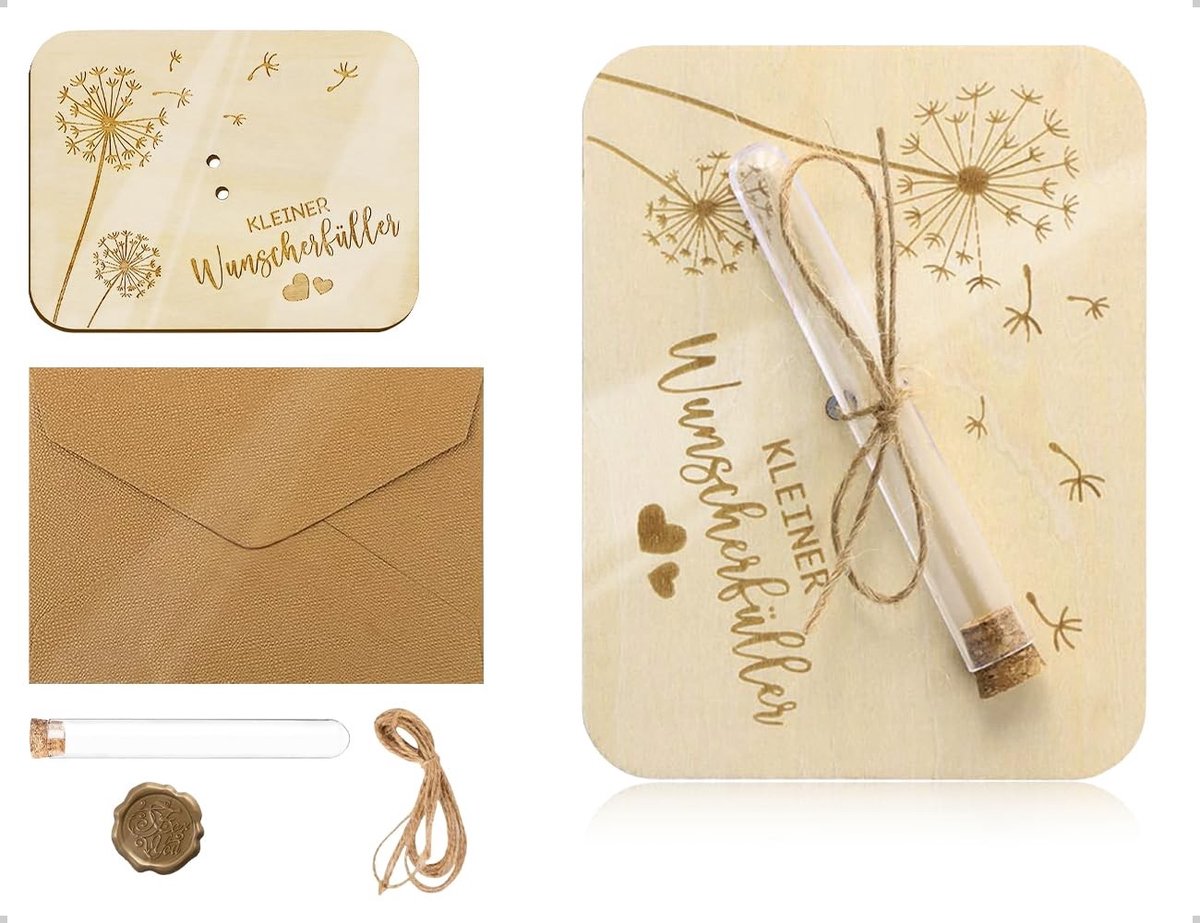 Dailygoods- Wensvuller Houten Kaartenset - Reageerbuisje - Henneptouw - Envelop - Creatieve Ontwerpen - Paardenbloem Motief - Wenskaart